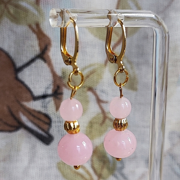 Rose Quartz Dual Round Gold Tone Pink Stone Pierced Earrings Feminine Delicate - Picture 1 of 8
